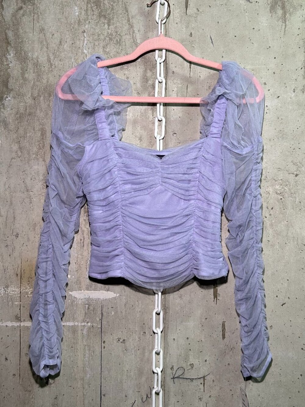 Ruched Mesh Off-Shoulder Top Lavender Purple
